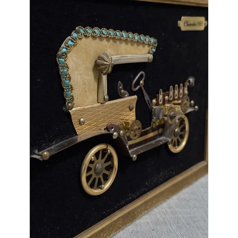 ✨ VTG MCM 60s 70s Folk Art Chevrolet 1912 Car Picture Velvet Steampunk Parts 13”